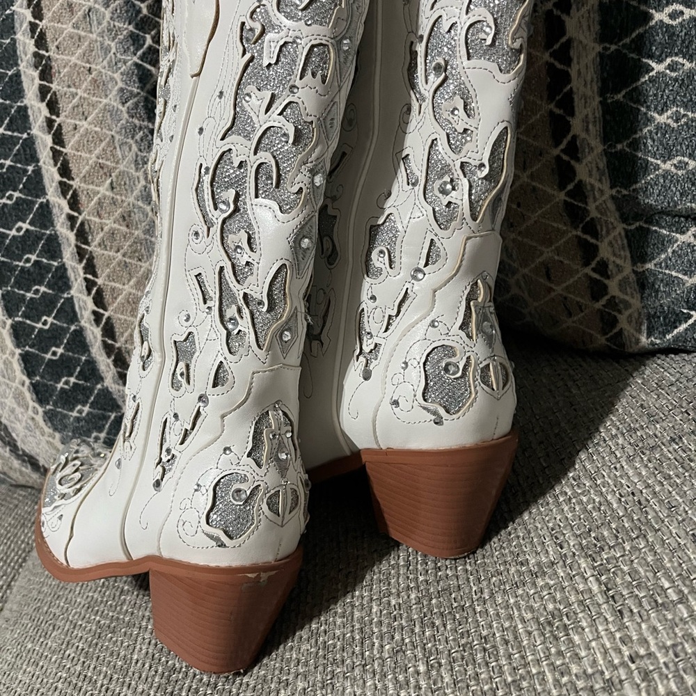 Women’s cowboy boots white gray heel rhinestones size 7 wedding concert - Picture 4 of 7